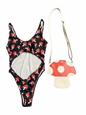 iHeartRaves Black Red White Mushroom Print One-Piece Swimsuit